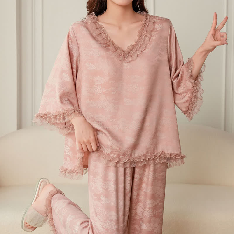Completo pigiama in jacquard rosa con volant (3 pezzi) - image 5