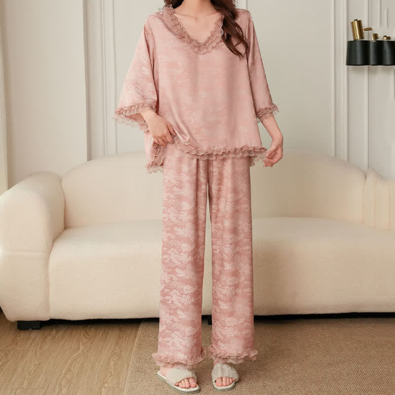 Completo pigiama in jacquard rosa con volant (3 pezzi) - image 6
