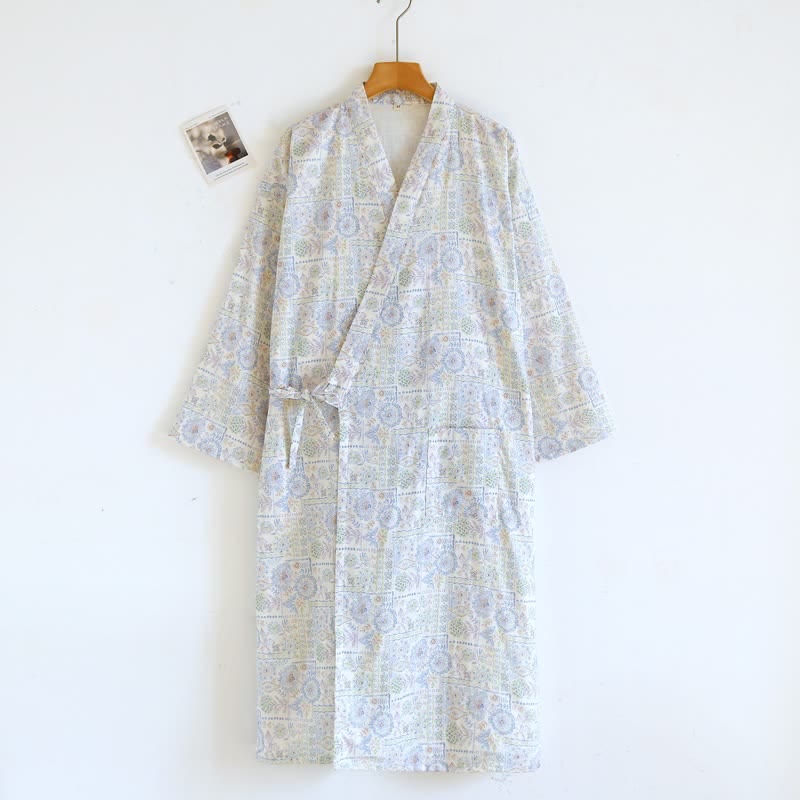 Kimono etnico vintage in cotone con stampa floreale - Blu - L - image 4