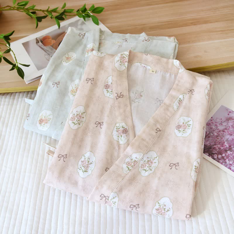 Kimono in cotone con rosa e fiocco incorniciati - image 2