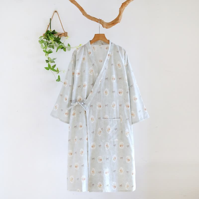 Kimono in cotone con rosa e fiocco incorniciati - Blu - L - image 12
