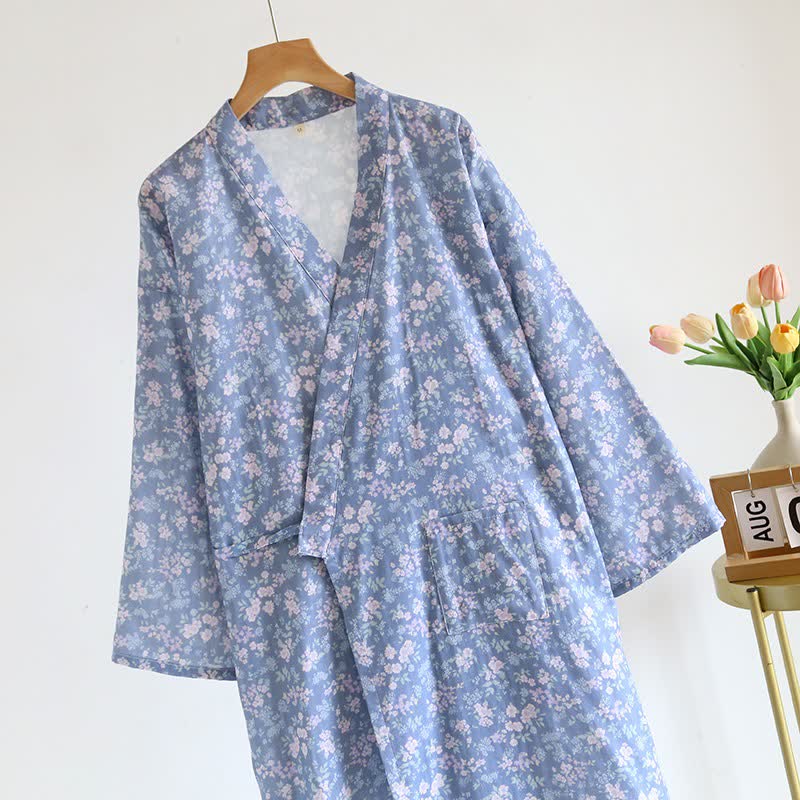 Kimono in cotone blu rustico con stampa floreale - image 2