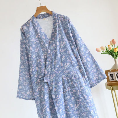 Kimono in cotone blu rustico con stampa floreale - image 2
