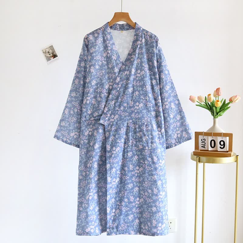Kimono in cotone blu rustico con stampa floreale - image 1