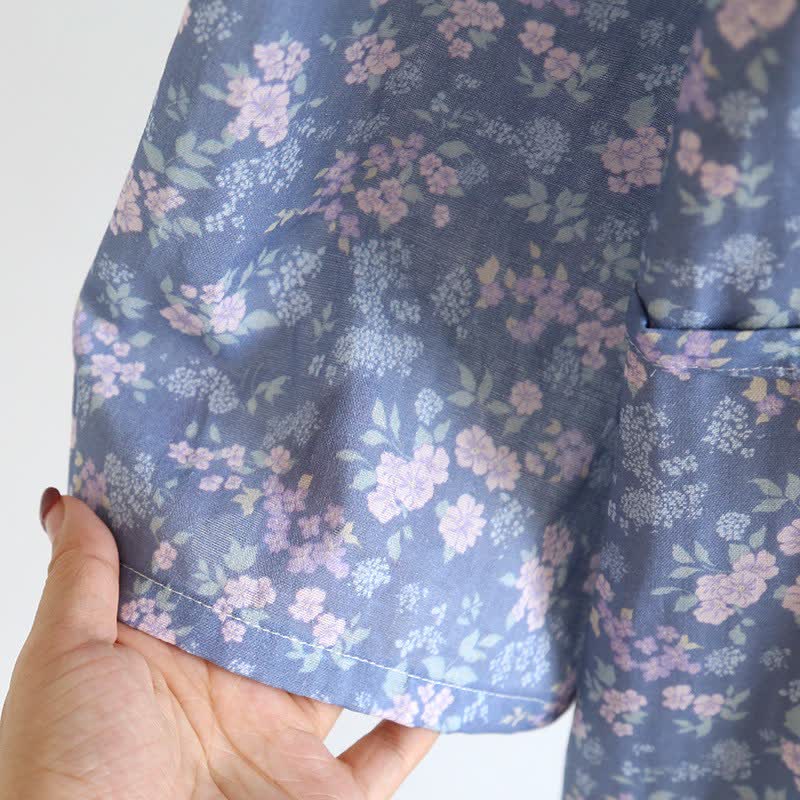 Kimono in cotone blu rustico con stampa floreale - image 7