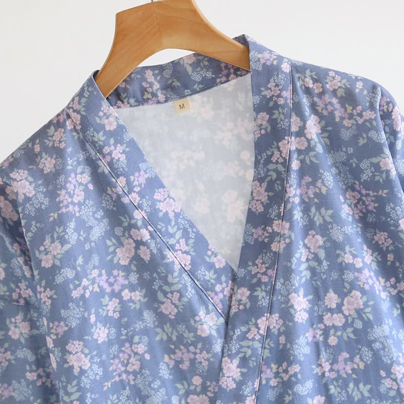 Kimono in cotone blu rustico con stampa floreale - image 3