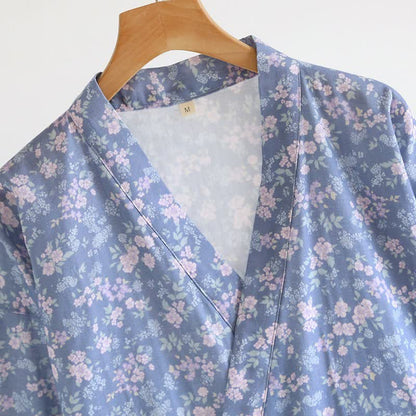 Kimono in cotone blu rustico con stampa floreale - image 3