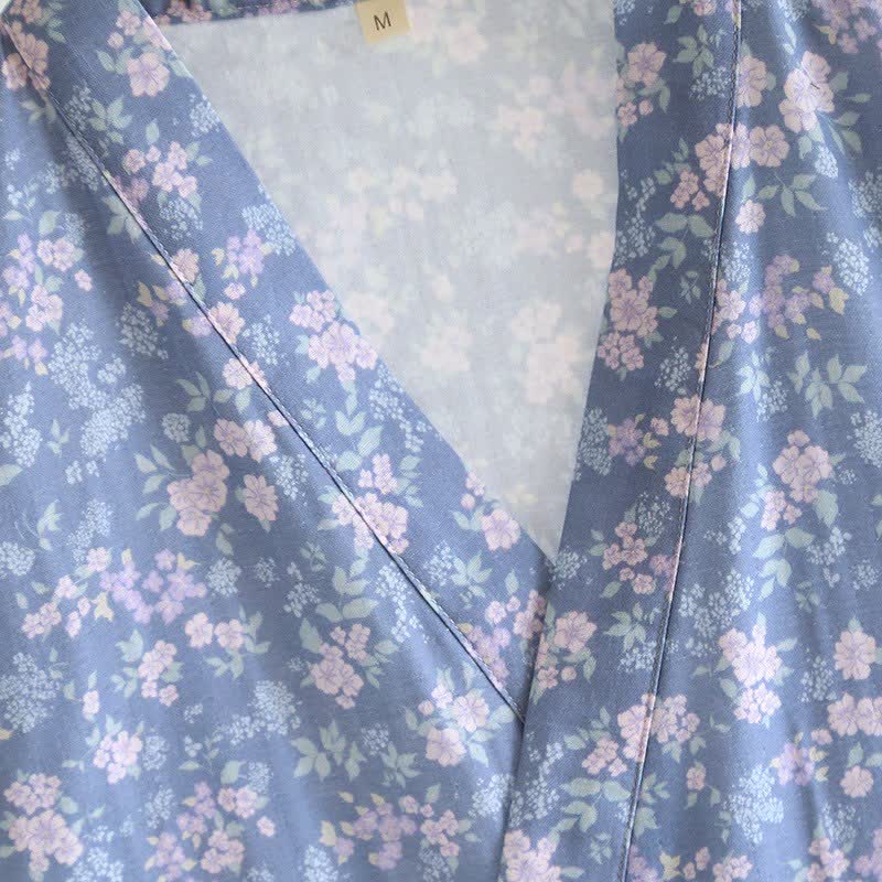 Kimono in cotone blu rustico con stampa floreale - image 4