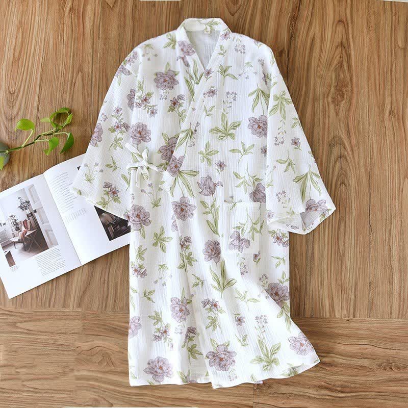 Kimono in cotone con stampa floreale viola - image 1