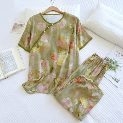 Completo pigiama capri imbottito in rayon con stampa botanica - image 1