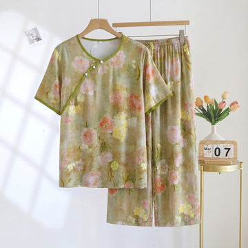 Completo pigiama capri imbottito in rayon con stampa botanica - Verde - 2XL - image 0
