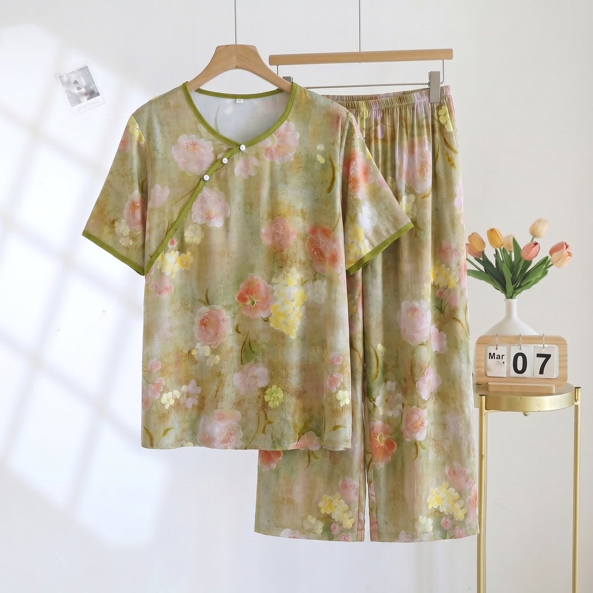 Completo pigiama capri imbottito in rayon con stampa botanica - Verde - 2XL - image 0