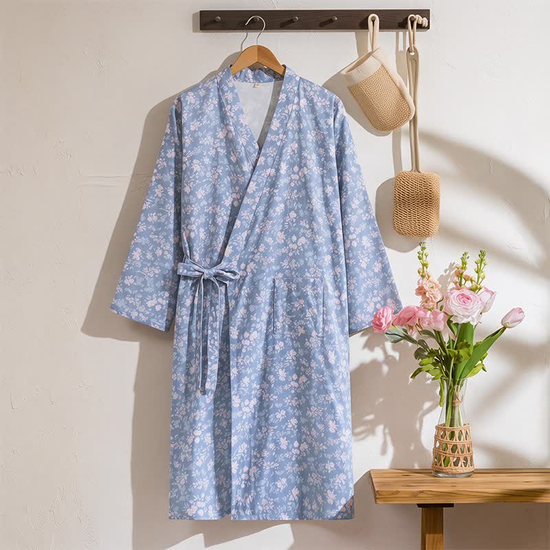 Kimono in cotone blu rustico con stampa floreale - Blu - XL - image 0