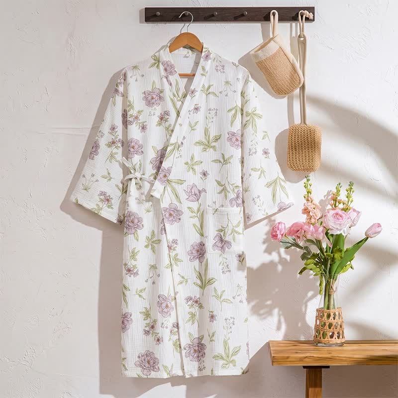 Kimono in cotone con stampa floreale viola - Bianco - L - image 0