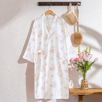 Kimono vestaglia in puro cotone con stampa floreale rosa - Bianco - XL - image 0