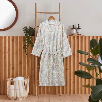 Kimono vestaglia in garza di cotone a fantasia floreale con tasca - Beige - XL - image 0