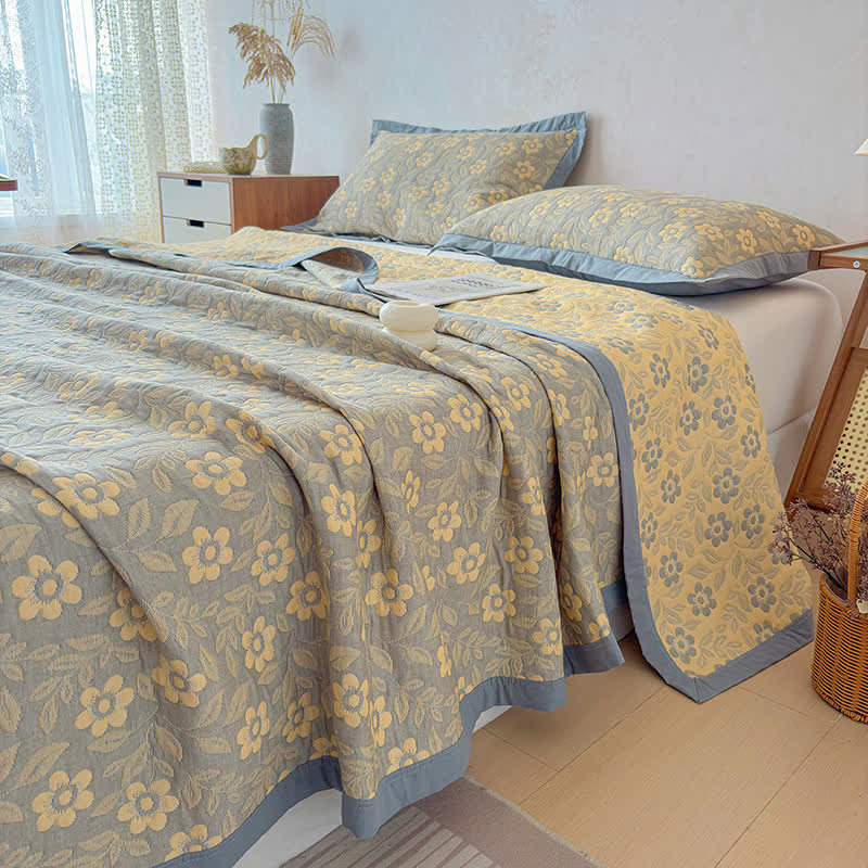 Coperta trapuntata a 3 strati in mussola di cotone con motivo floreale - image 7