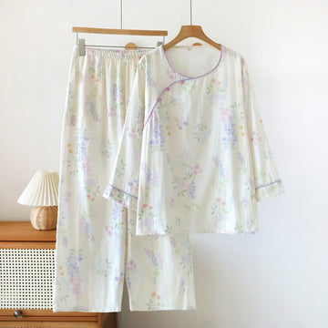 Completo da salotto in doppia garza di cotone con stampa floreale - Bianco - XL - image 0