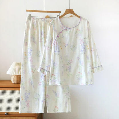 Completo da salotto in doppia garza di cotone con stampa floreale - Bianco - XL - image 0
