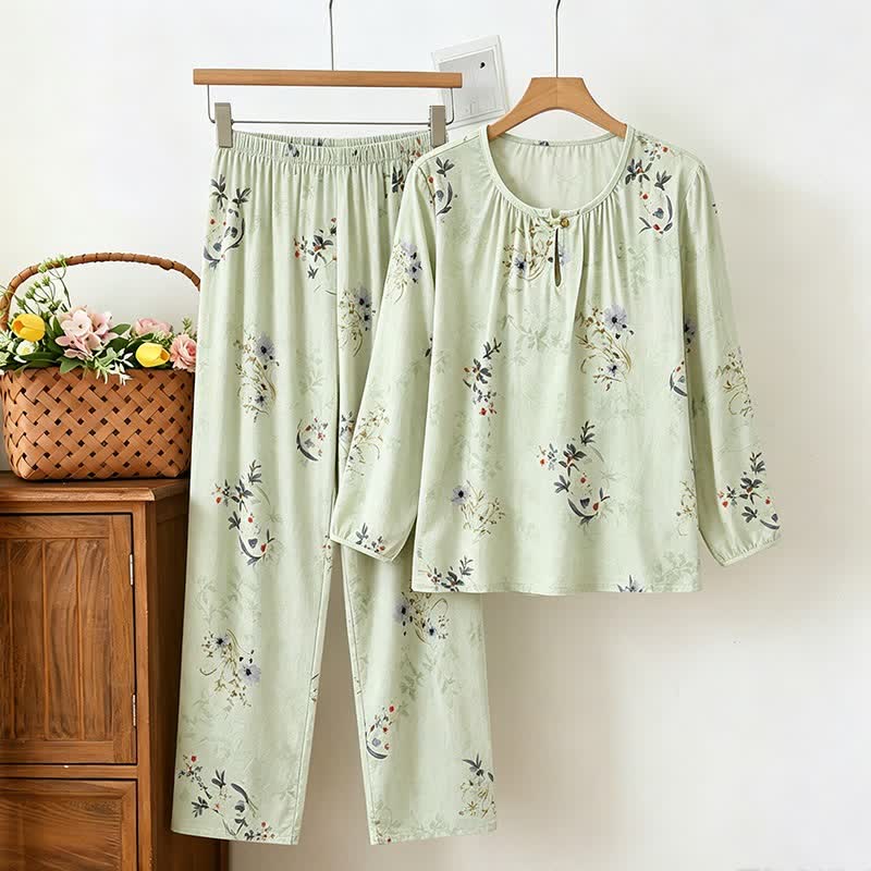 Pigiama a maniche lunghe con stampa floreale verde tenue - Verde - 2XL - image 0