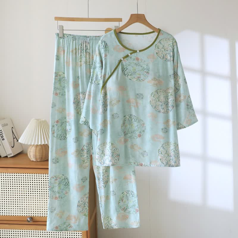 Pigiama da donna tradizionale orientale con stampa floreale - Verde - 2XL - image 0