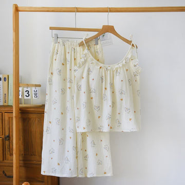Pigiama a canotta in garza di cotone con volant - Beige - XL - image 0