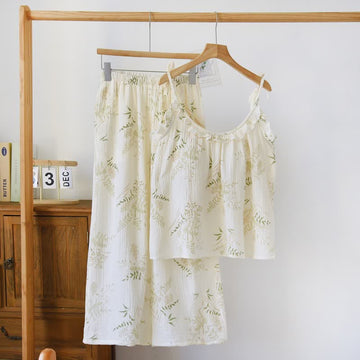 Pigiama intero in cotone con volant e stampa a foglie botaniche. - Beige - XL - image 0