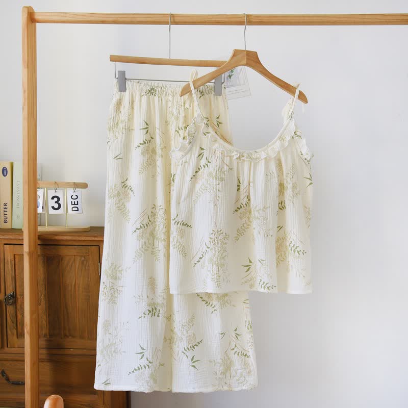 Pigiama intero in cotone con volant e stampa a foglie botaniche. - Beige - XL - image 0