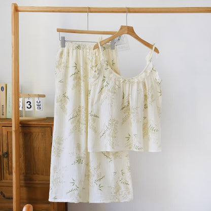 Pigiama intero in cotone con volant e stampa a foglie botaniche. - Beige - XL - image 0