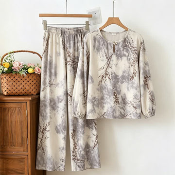 Set pigiama a maniche lunghe con motivo orientale a rami - Grigio - 2XL - image 0