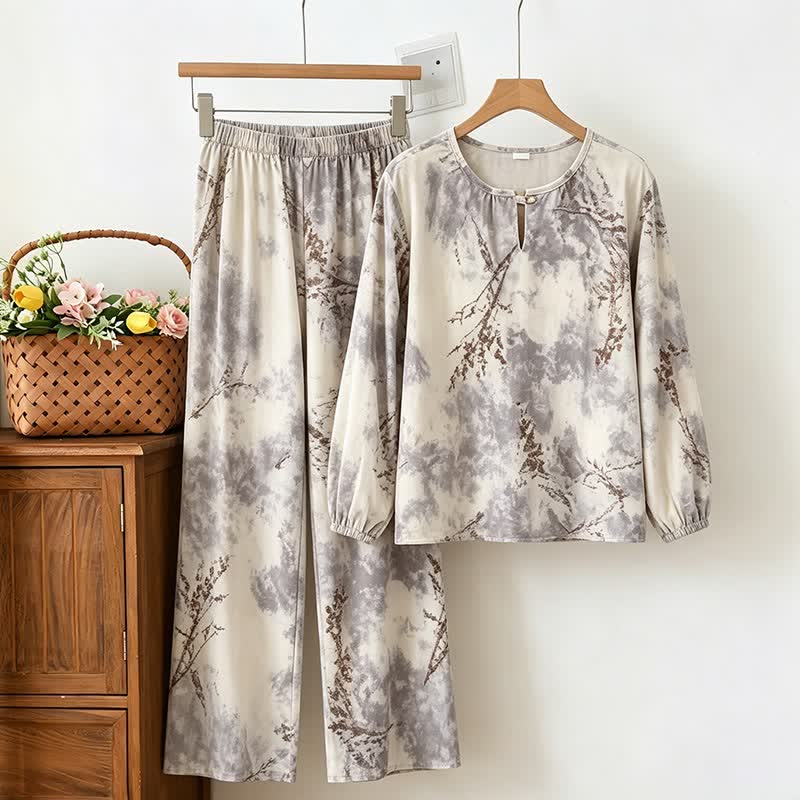 Set pigiama a maniche lunghe con motivo orientale a rami - Grigio - 2XL - image 0