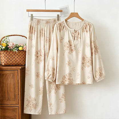 Elegante pigiama da donna a maniche lunghe con stampa floreale. - Beige - 2XL - image 0
