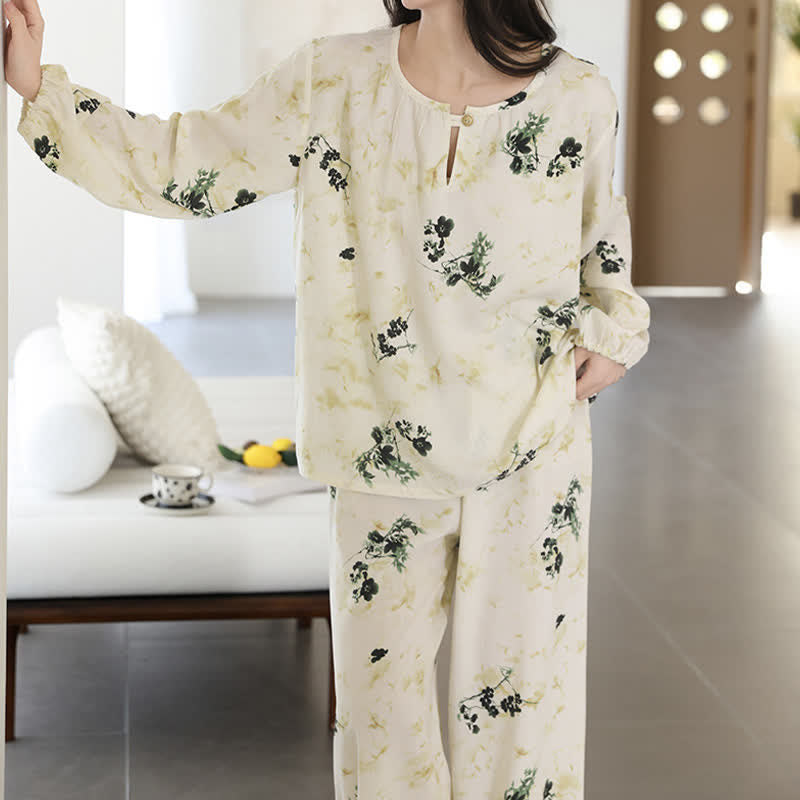 Pigiama da donna a maniche lunghe con stampa floreale pastorale - image 7