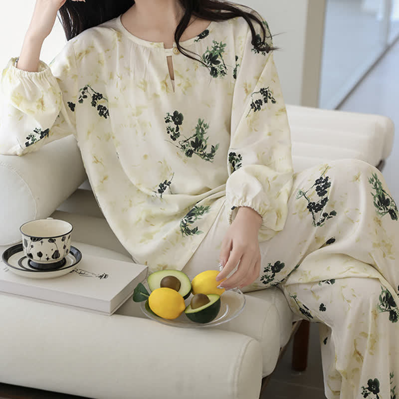 Pigiama da donna a maniche lunghe con stampa floreale pastorale - image 9
