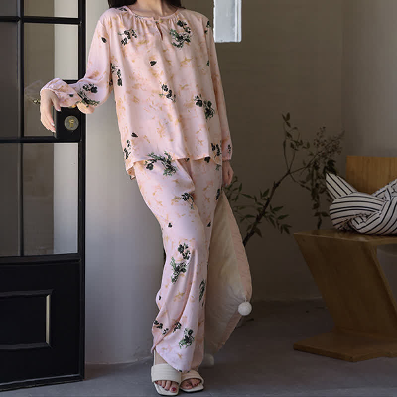 Pigiama da donna a maniche lunghe con stampa floreale pastorale - image 4