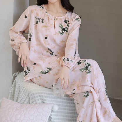 Pigiama da donna a maniche lunghe con stampa floreale pastorale - image 1