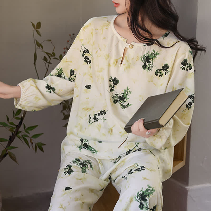 Pigiama da donna a maniche lunghe con stampa floreale pastorale - Beige - 2XL - image 5