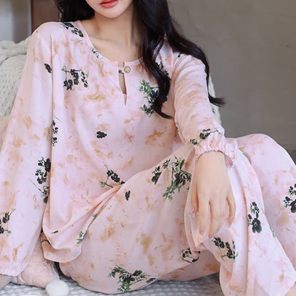 Pigiama da donna a maniche lunghe con stampa floreale pastorale - image 2