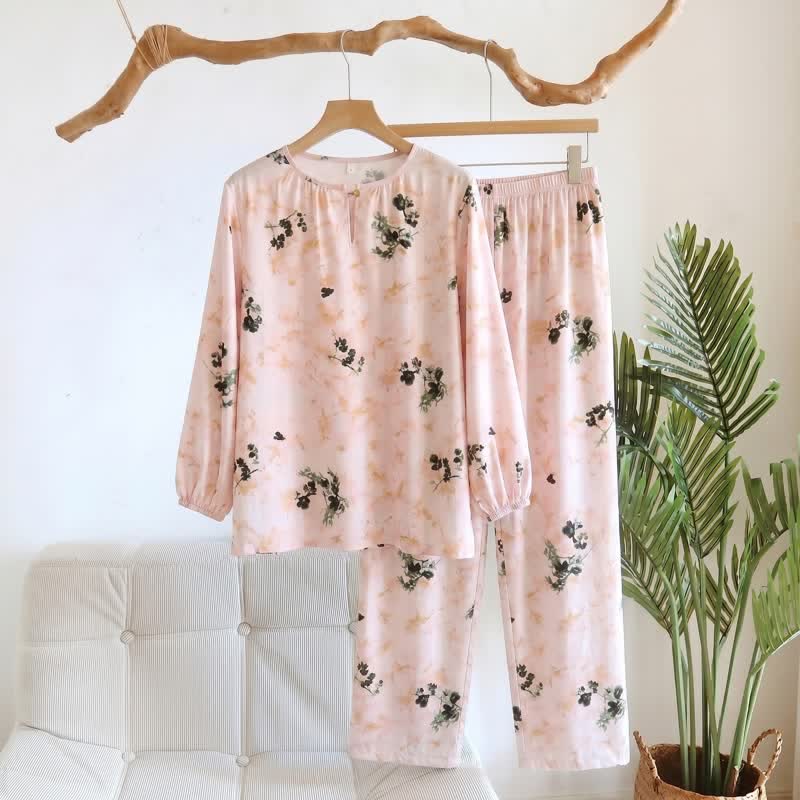 Pigiama da donna a maniche lunghe con stampa floreale pastorale - Rosa - 2XL - image 0