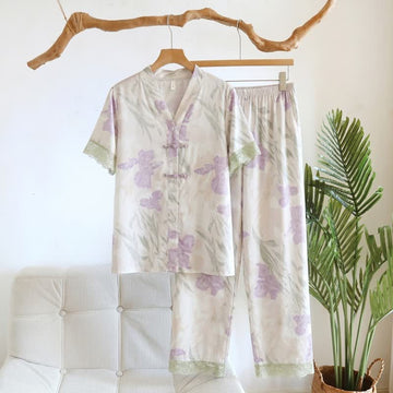 Completo da casa da donna con colletto alla coreana e stampa floreale - Beige - 3XL - image 0