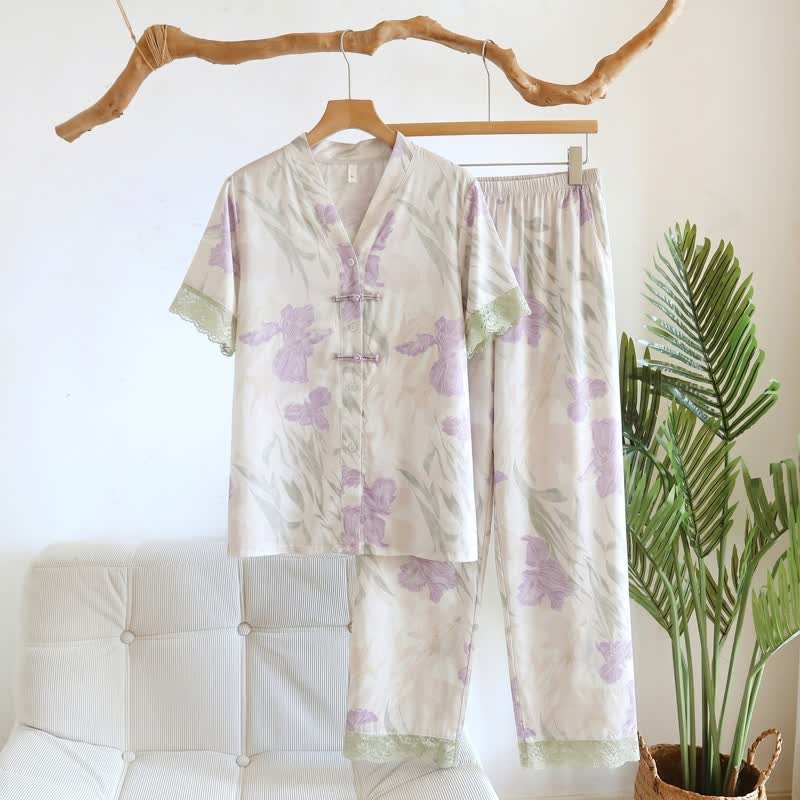 Completo da casa da donna con colletto alla coreana e stampa floreale - Beige - 3XL - image 0