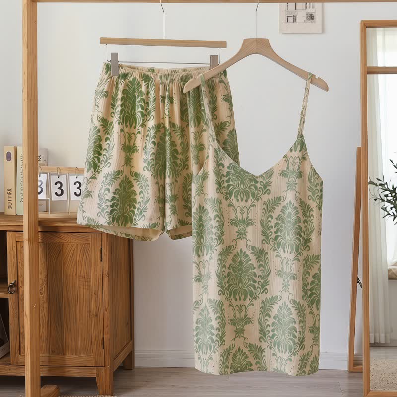 Pigiama da donna senza maniche con fantasia verde vintage - Verde - 3XL - image 0