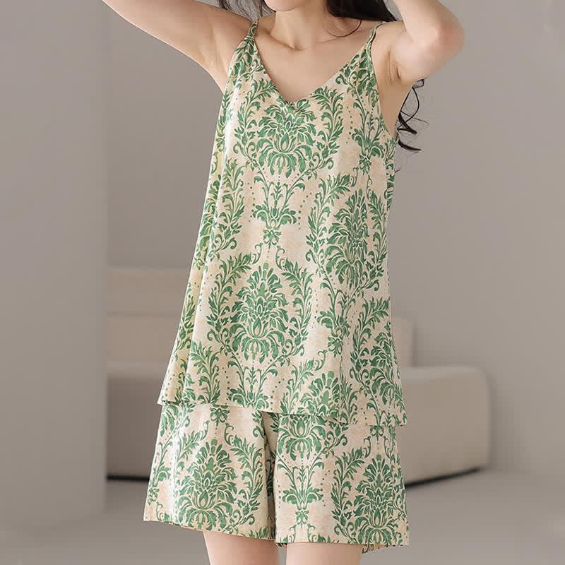 Pigiama da donna senza maniche con fantasia verde vintage - image 4