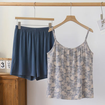 Completo pigiama vintage con canotta in modal a fantasia floreale. - Blu - 2XL - image 0