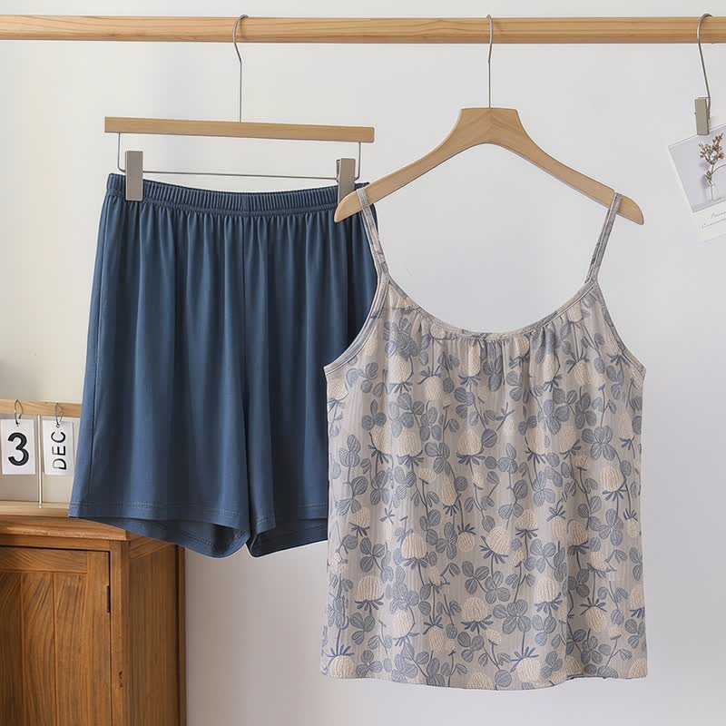 Completo pigiama vintage con canotta in modal a fantasia floreale. - Blu - 2XL - image 0
