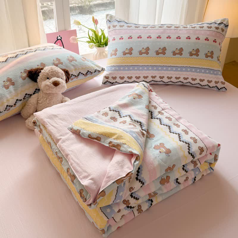 Set di biancheria da letto in cotone lavato con orsetto e fiocco rosa - image 4