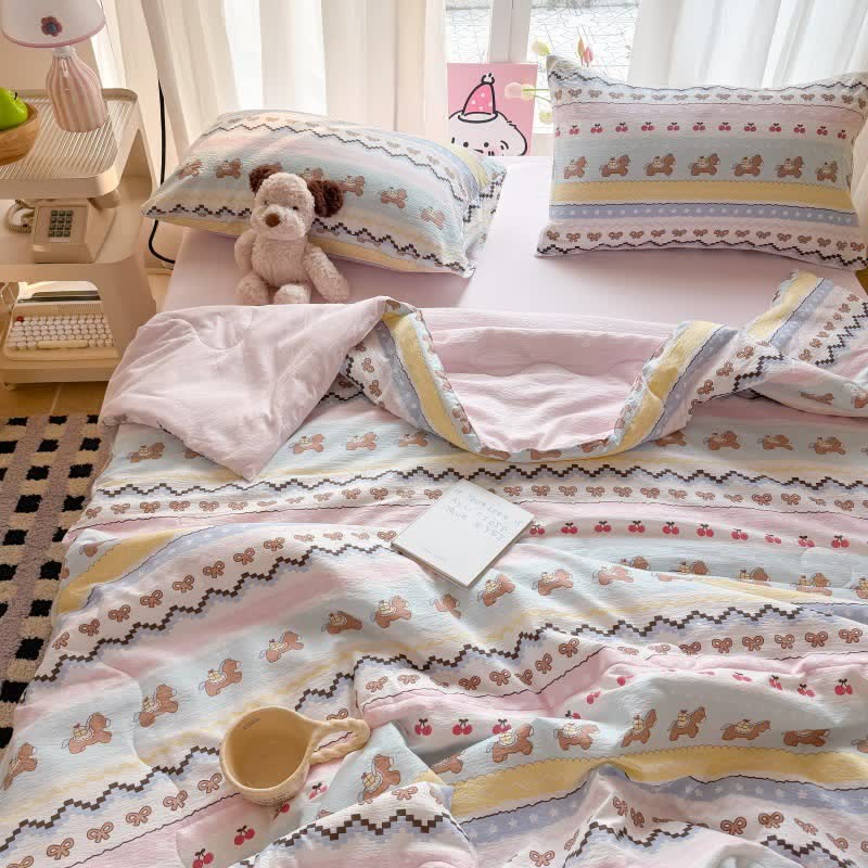 Set di biancheria da letto in cotone lavato con orsetto e fiocco rosa - image 1
