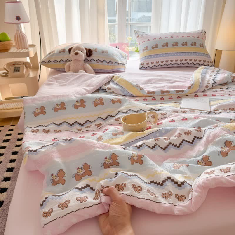 Set di biancheria da letto in cotone lavato con orsetto e fiocco rosa - image 3