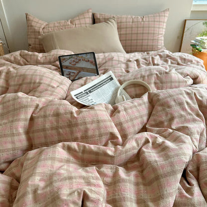 Set di biancheria da letto in cotone a quadretti rosa tenue - image 1