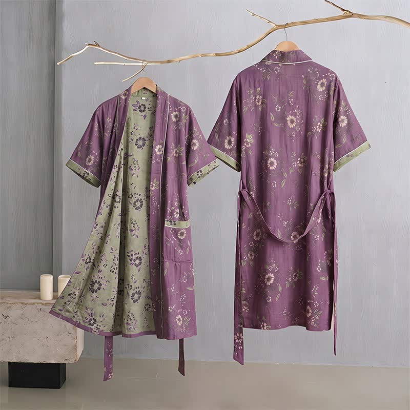 Kimono vintage in cotone con stampa floreale viola - image 1